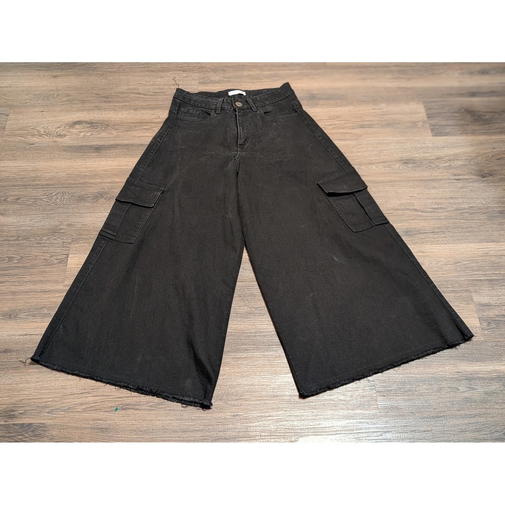 Romea‎ Black Wide Leg Cargo Jeans Size 10 High Rise Raw Hem Y2K Grunge Denim